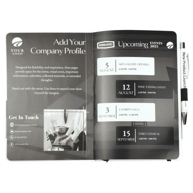 A bound journal with a white cover and coloured accents, featuring event listings and a pen. It includes a logo.