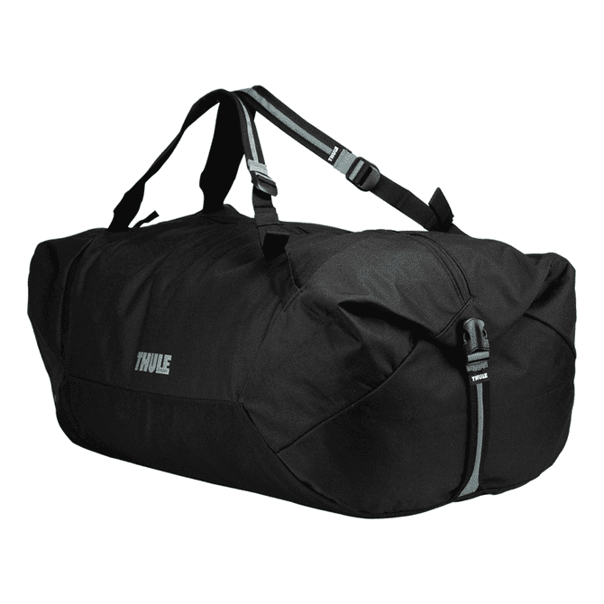 A black duffle bag with mid blue accents and a branding logo, featuring adjustable shoulder straps.