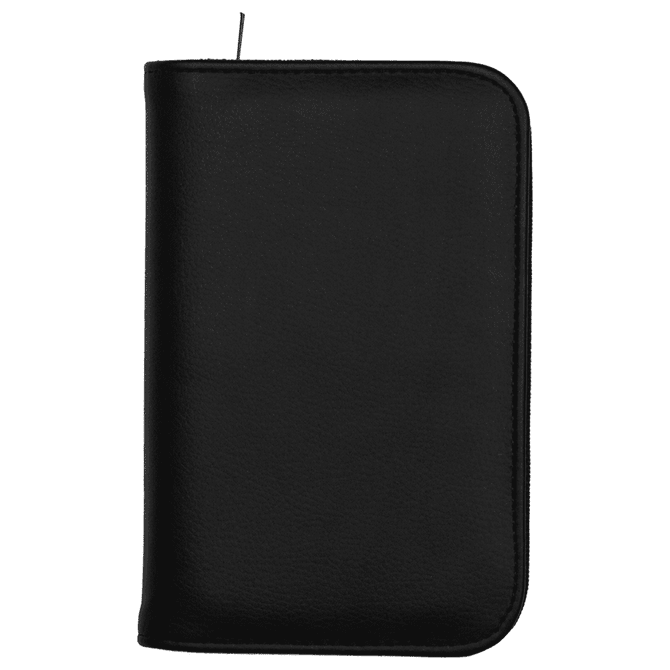 A black recycled travel wallet with RFID blocking features and a zip closure. It includes a logo on the front.