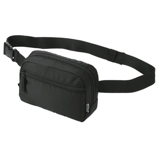 A black recycled sport bum bag with two zippered compartments and an adjustable strap. It features a logo.