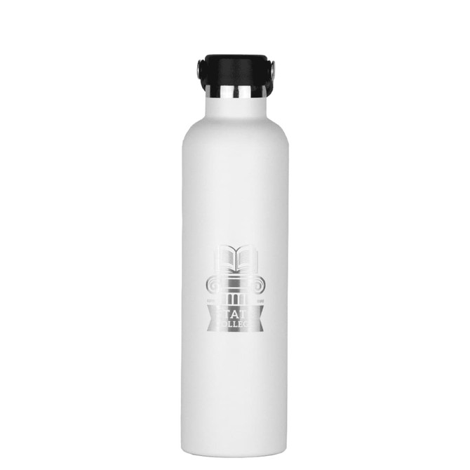 A drink bottle in white stainless steel, featuring a black lid and a logo design.