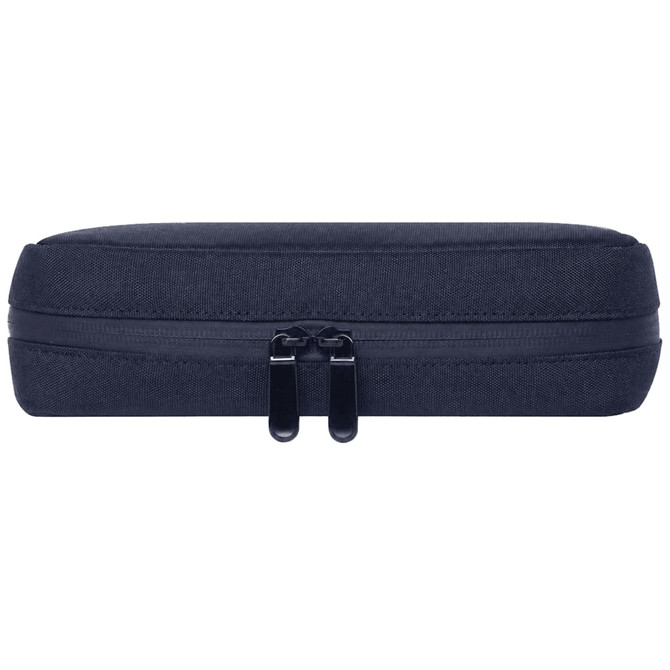 A dark blue organiser pouch with a zip closure, featuring a sleek, rectangular design and a branding logo.