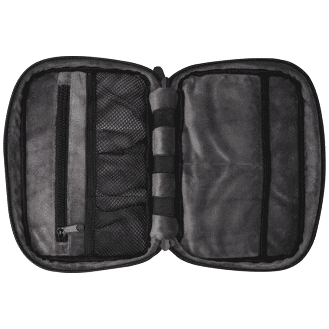 A grey recycled organiser pouch with multiple compartments and a mesh pocket, featuring a branding logo.