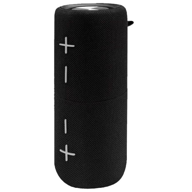 A cylindrical black Bluetooth speaker with control buttons on the side and a logo on the front.