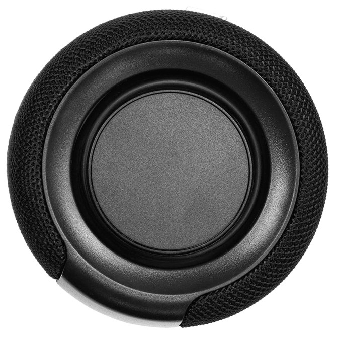 A round, black Breakaway Bluetooth speaker with a textured mesh surface and a smooth central section.