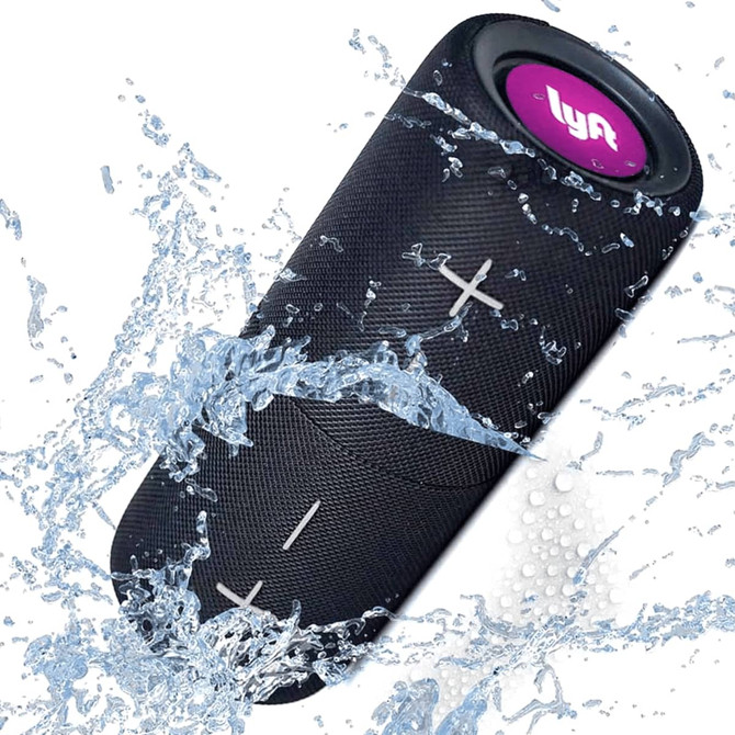 A black Bluetooth speaker with water splashes, featuring a logo and control buttons on the surface.