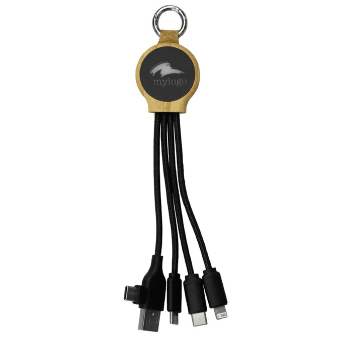 A 16.5cm recycled 6-in-1 charging cable with black connectors and a wooden keyring attachment. Features a logo.