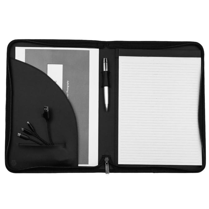 A black recycled A4 zip portfolio featuring a notepad, pen, and a compartment for cables.