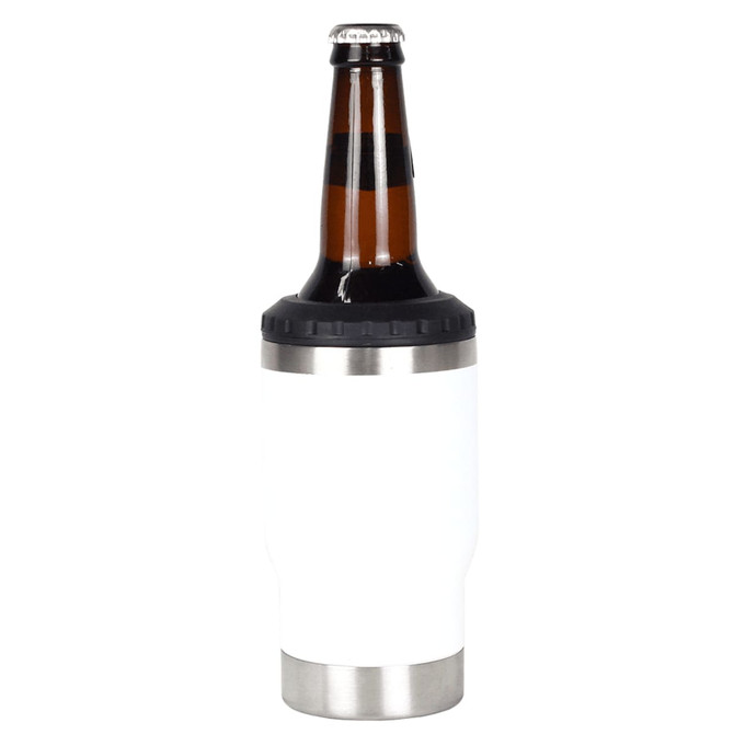 A drink bottle with a white exterior and stainless steel bottom, designed to hold a beverage. It features a logo.