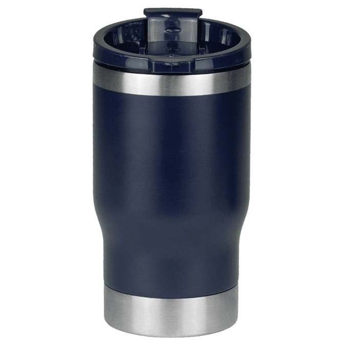 A drink bottle featuring a navy finish with a stainless steel base and a removable lid, including a logo.