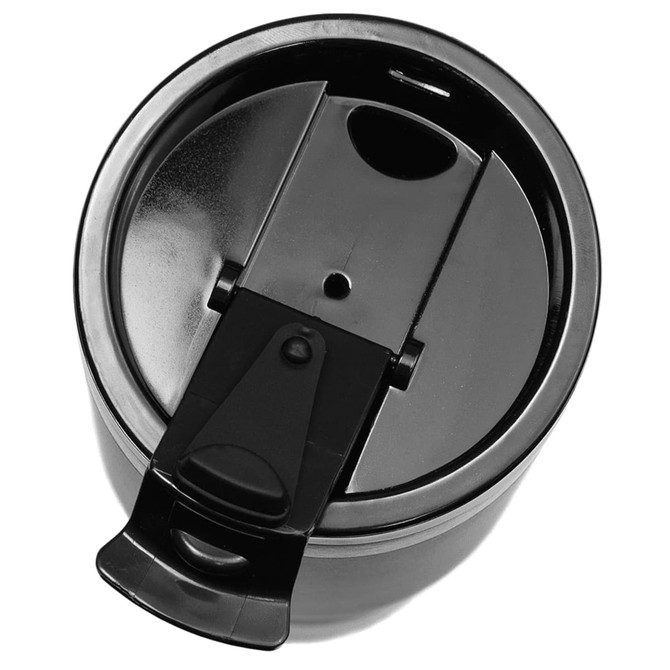 A drink bottle in black with a secure lid and spout. Features a logo on the side. Ideal for beverages.