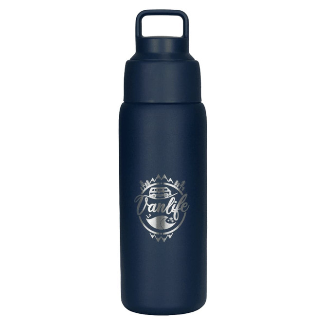 A drink bottle in dark blue featuring a logo and a matte finish, designed for keeping drinks hot or cold.