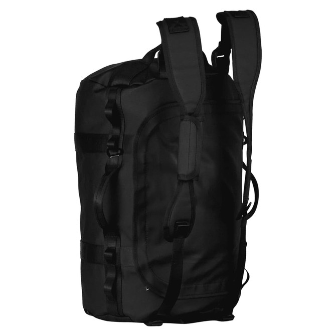 A black duffel bag with adjustable straps and side handles, featuring a logo and durable construction.