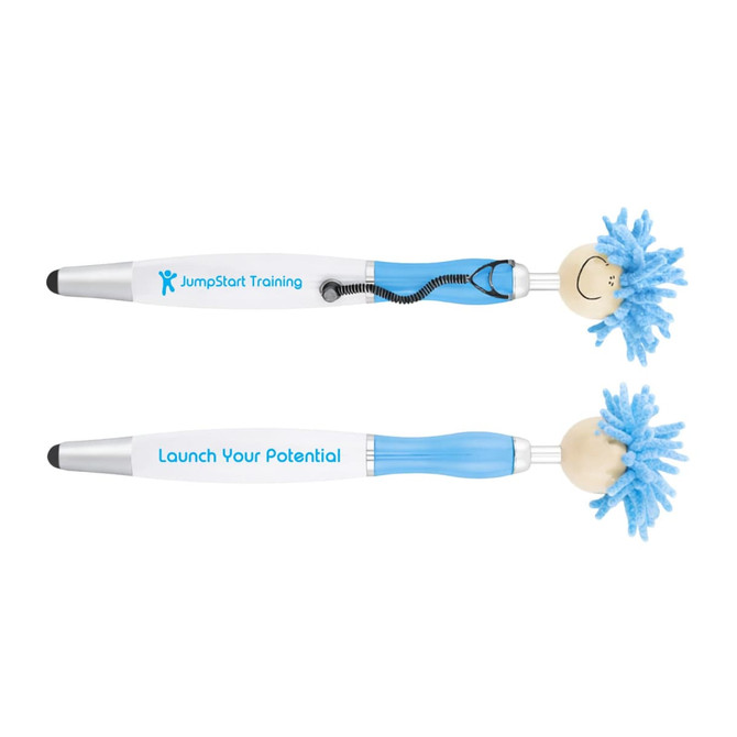 A pen stylus with a blue and white design, featuring a playful mop-top head and a logo on the barrel.