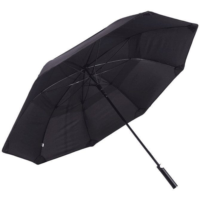 A black vented tipless golf umbrella with a sturdy handle and multiple canopy ribs for durability.