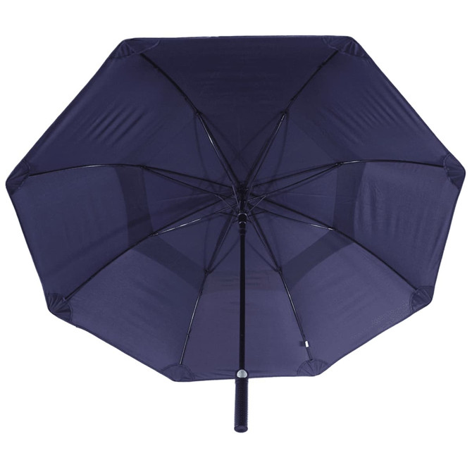 A navy blue vented tipless golf umbrella with a sturdy frame and a sleek design. It features a branding logo.
