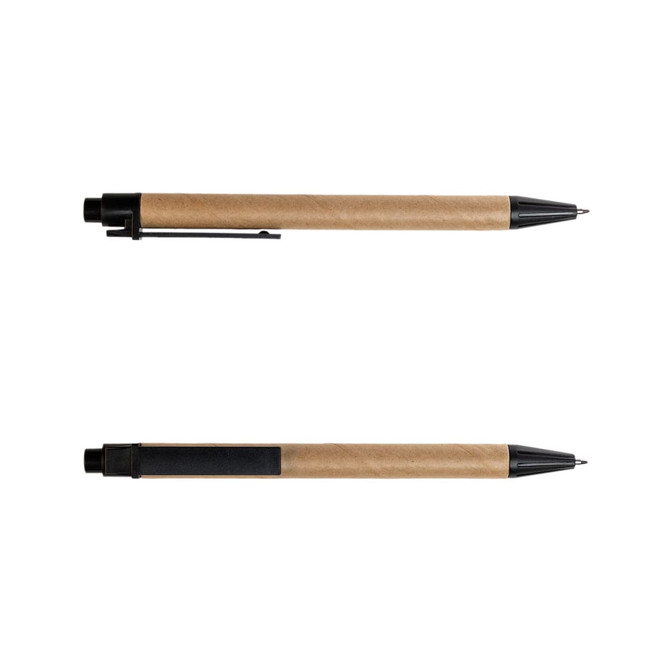 A cardboard pen with a natural brown body and black accents. It features a clip for easy attachment.