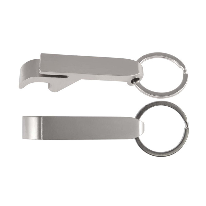 A drink bottle opener and keytag in silver, featuring a sleek design and a keyring attachment.