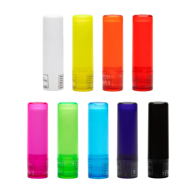 A collection of ten lip balm sticks in various colours, including white, yellow, orange, red, pink, green, blue, purple, and black.