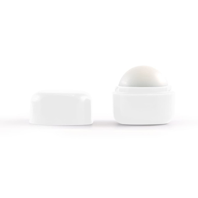A white cube lip balm with a round top, featuring a removable lid. Simplistic design with no visible branding.