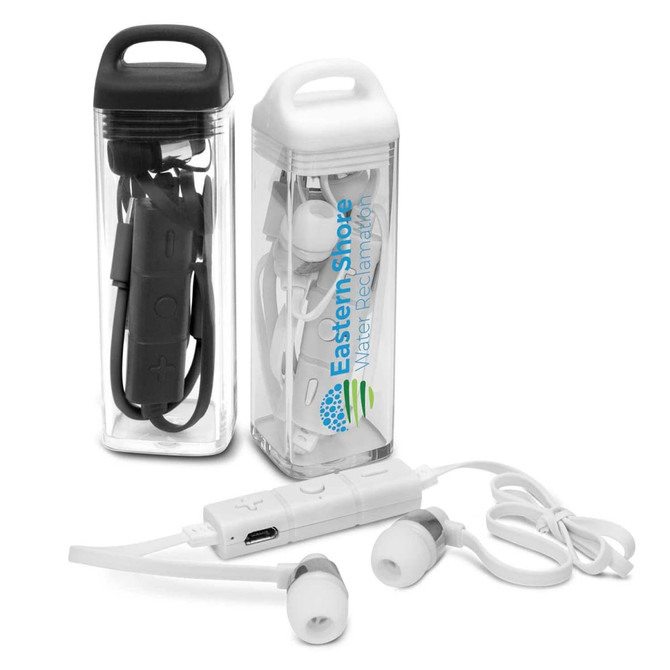 Two sets of Tycho Bluetooth earbuds in white and black, each packaged in a clear plastic case with a logo.