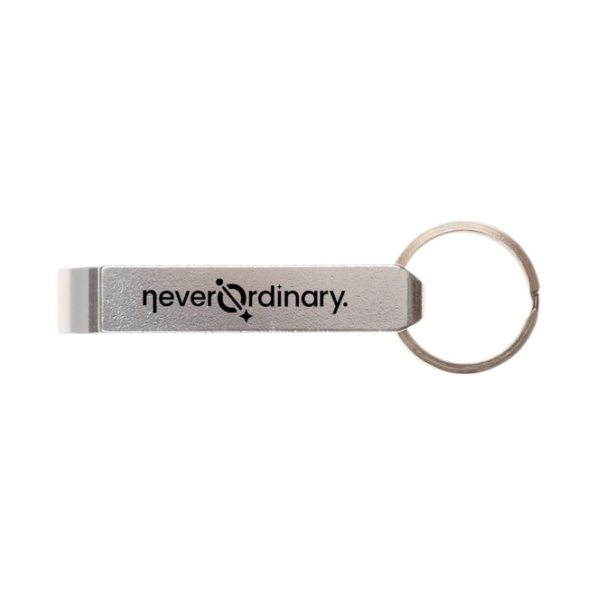 A drink bottle opener keytag in silver with a keyring, featuring a logo on the side.
