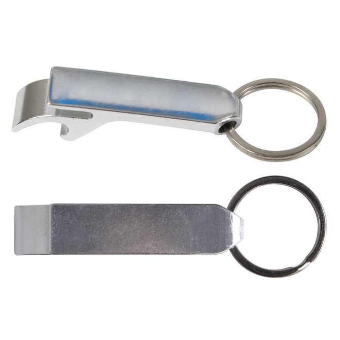 A drink bottle opener and keytag in silver metal with a keyring attachment. It has a sleek, minimalist design.