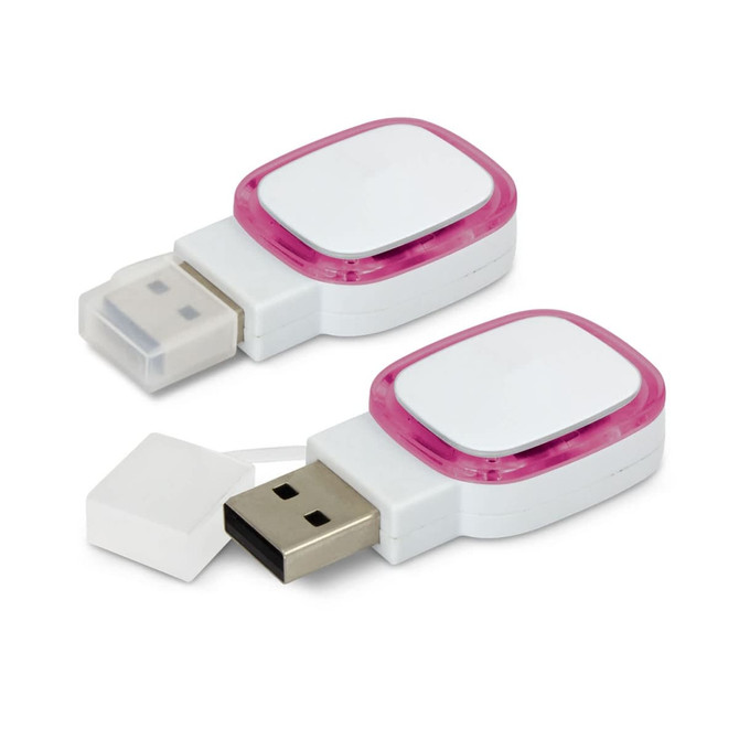 A white and pink Zodiac 4GB flash drive with a retractable connector and a protective cap. Features a logo.
