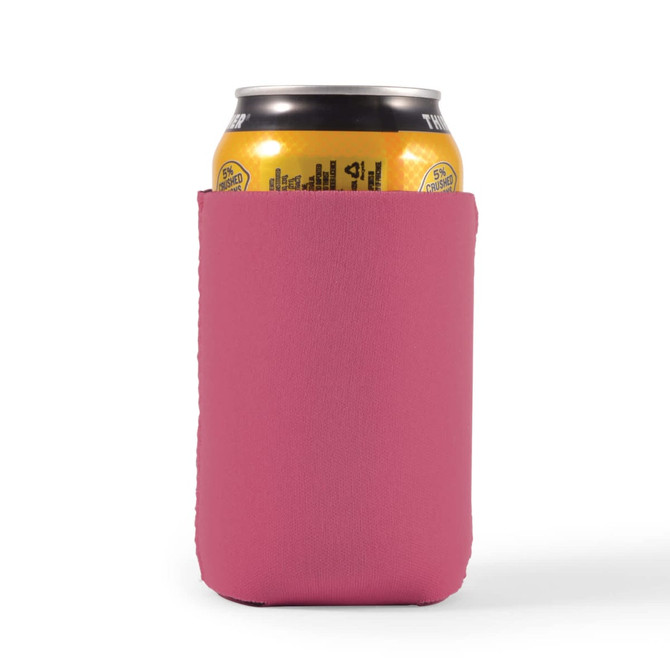 A drink bottle holder in pink, designed to fit a standard can, with a branding logo visible.