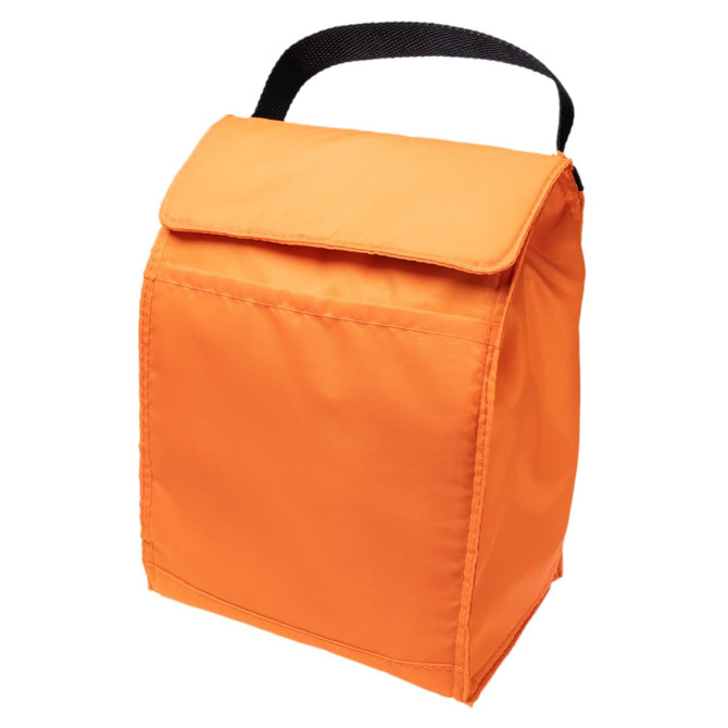 A vibrant orange cooler lunch bag with a flap closure and a black handle.