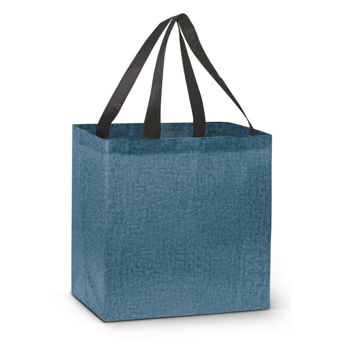 A blue tote bag with black handles, featuring a simple, squared design and a subtle textured appearance.