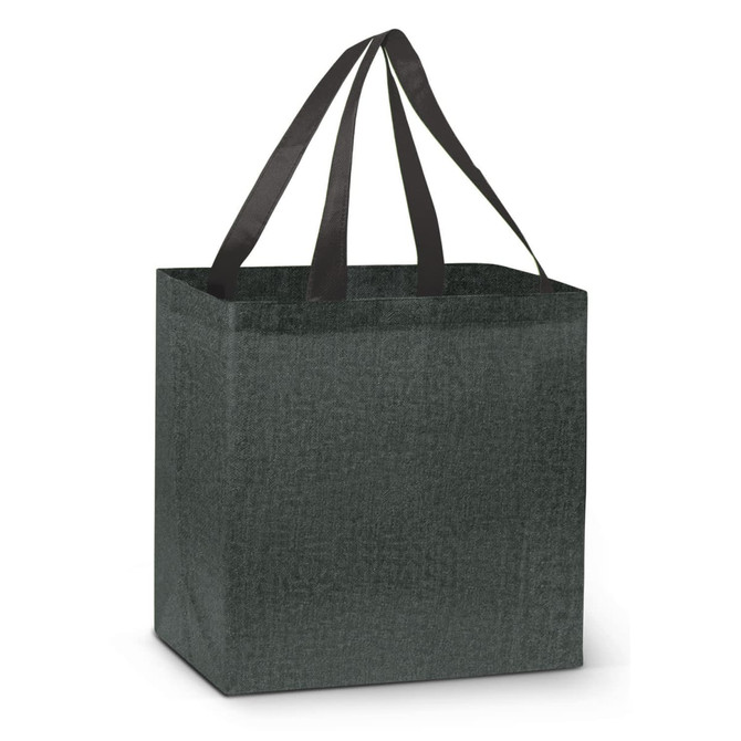 A dark green tote bag with long black handles and a square shape, featuring a visible logo.
