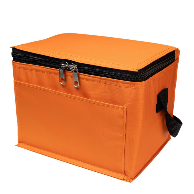 An orange cooler bag with a zippered top and a side handle, featuring a front pocket.