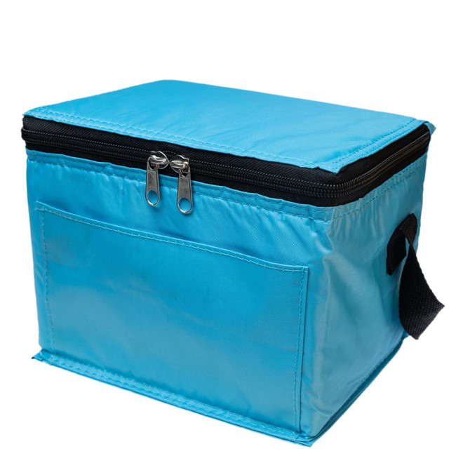 A blue cooler bag featuring a zippered top, a front pocket, and a handle on the side.