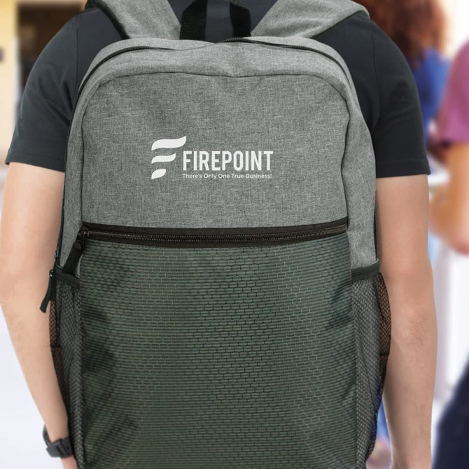 A grey and green backpack with a logo, featuring adjustable straps and a spacious front pocket.