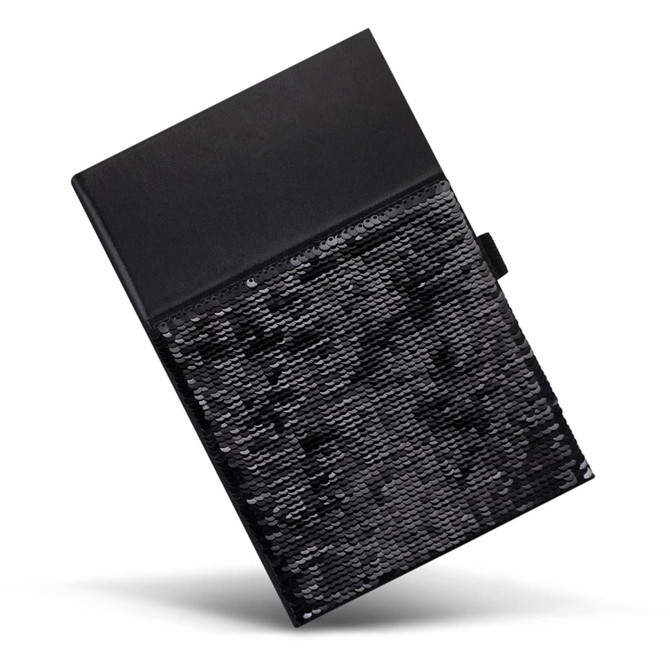 A black sequin notebook with a smooth black cover and a sequin-embellished front. It features a logo.