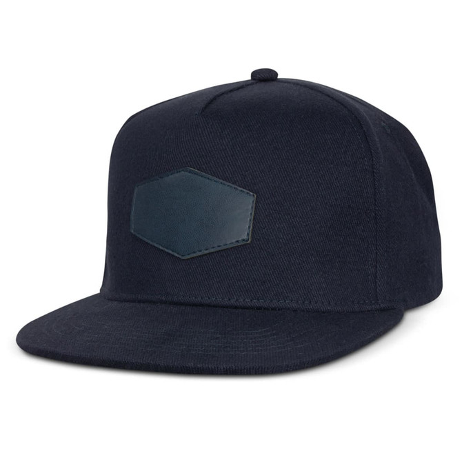 A dark navy flat peak cap featuring a textured patch and a structured design.