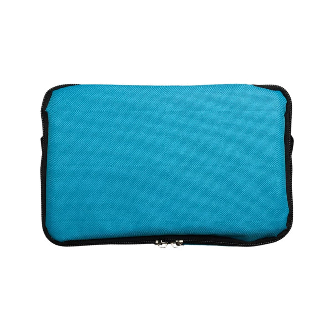 A cooler bag in a bright turquoise color with a zippered closure.