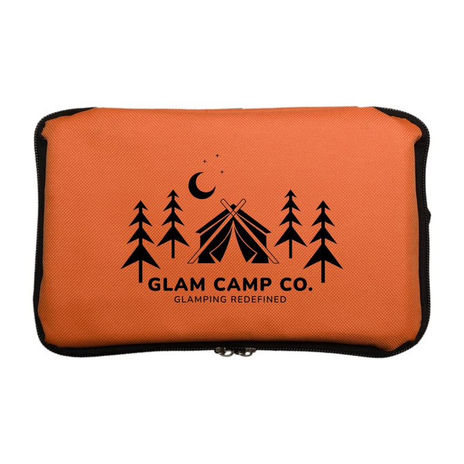 An insulated cooler bag in orange featuring the "GLAM CAMP CO." logo, adorned with tree and camping tent graphics.