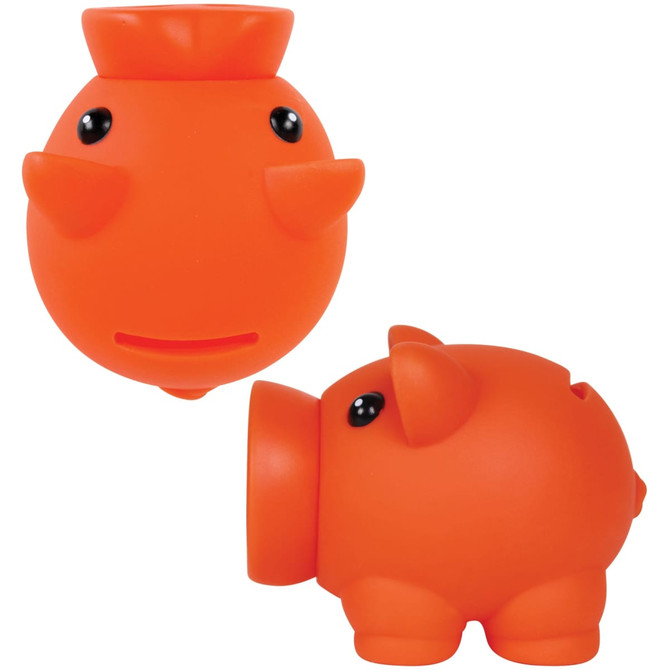An orange micro piglet coin bank with round shapes and black eyes, featuring a playful design.