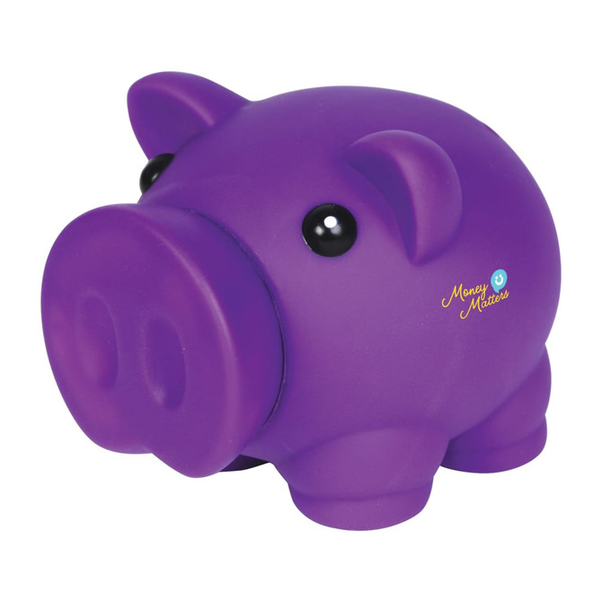 A purple piglet coin bank with black eyes and a smooth finish, featuring a logo on the side.