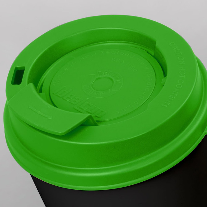 A drink bottle with a black body and a bright green lid featuring a sliding opening mechanism.