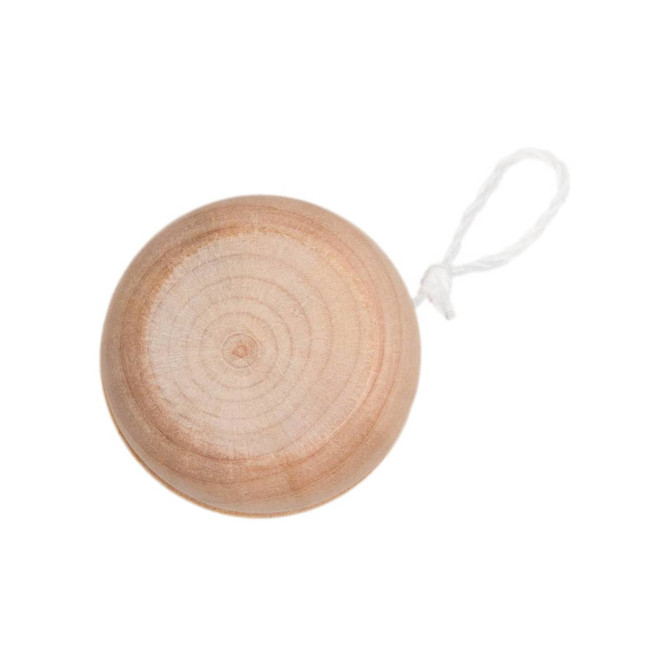 A wooden yo-yo with a natural finish and a string attached. It has a smooth, circular design.