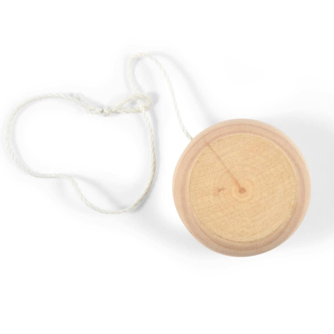 A wooden yo-yo with a smooth finish and a white string attached.
