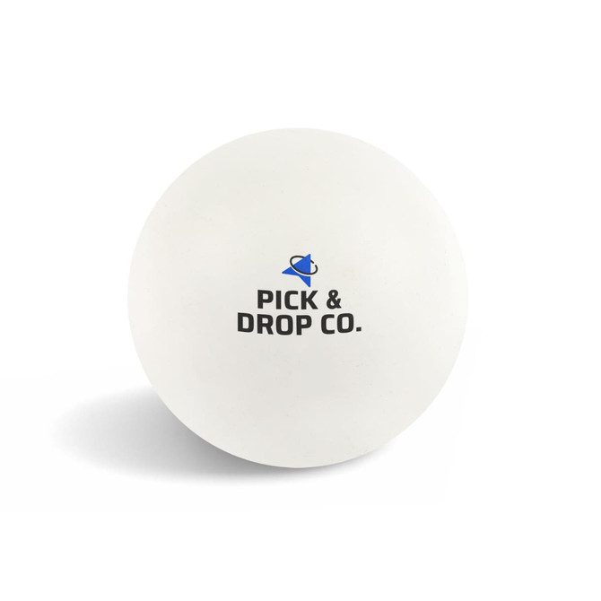 A white bouncy ball featuring a logo. Designed for fun and games.