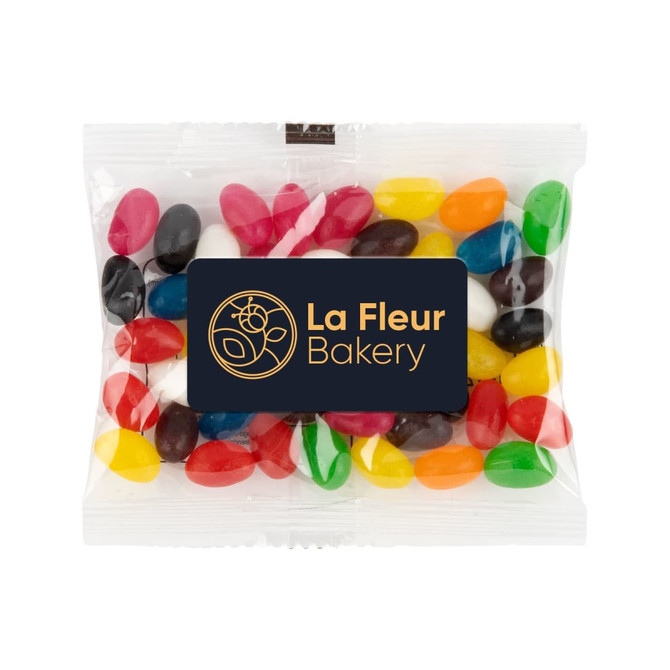 A 50-gram cello bag filled with assorted colour mini jelly beans, featuring a label branded with "La Fleur Bakery."