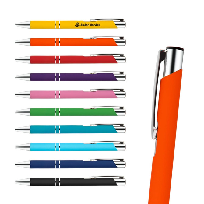 A set of ten metal pens in various bright colours, featuring a pen with an orange grip and a logo.