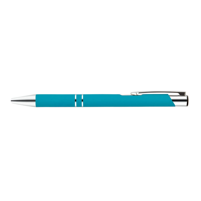 A metal pen in a vibrant turquoise color featuring a sleek design and chrome accents.