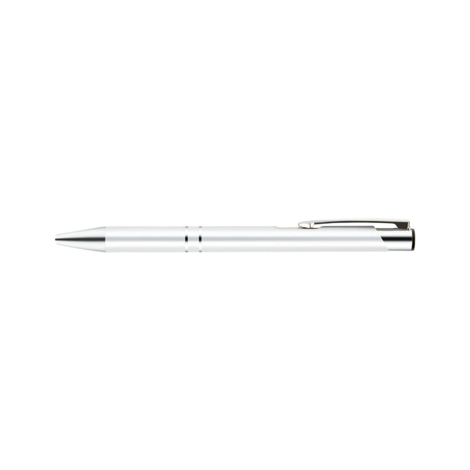 A metal pen in white with silver accents, featuring a clip and a sleek design. It has a logo present on the body.