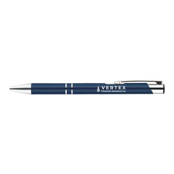 A metal pen featuring a sleek blue design with silver accents and the engraved logo of "VERTEX Financial Solutions Inc."
